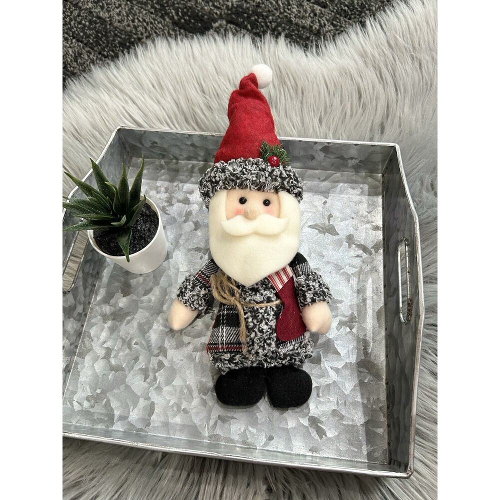 12" Fabric Hanging Santa Claus Christmas Ornaments- Plaid Trimming-Holiday Decor